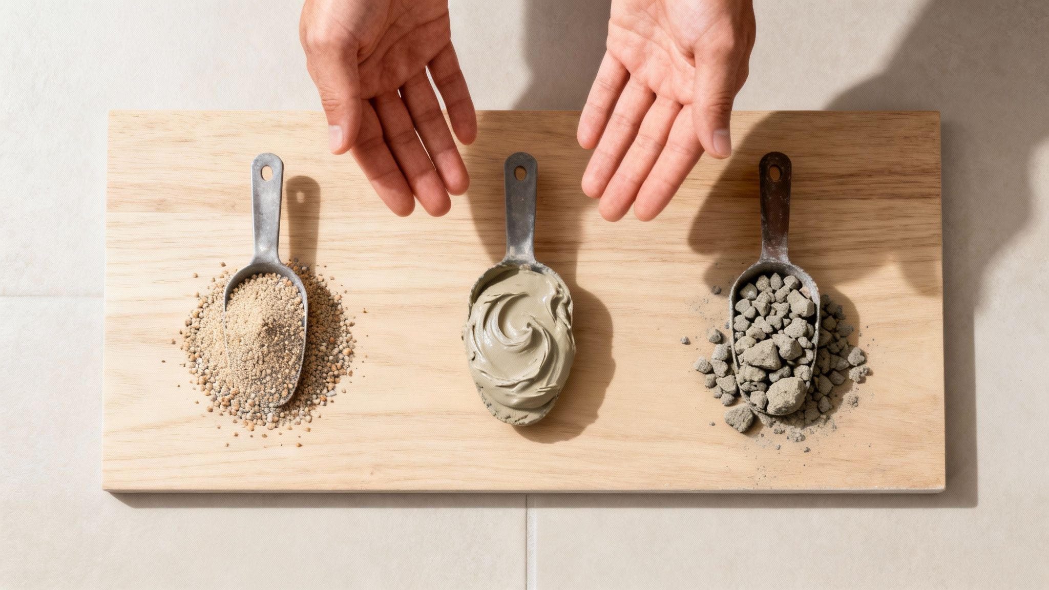 Tre skefulde af forskellige fugemassematerialer, herunder sand, pasta og småsten, præsenteret på et træbræt.