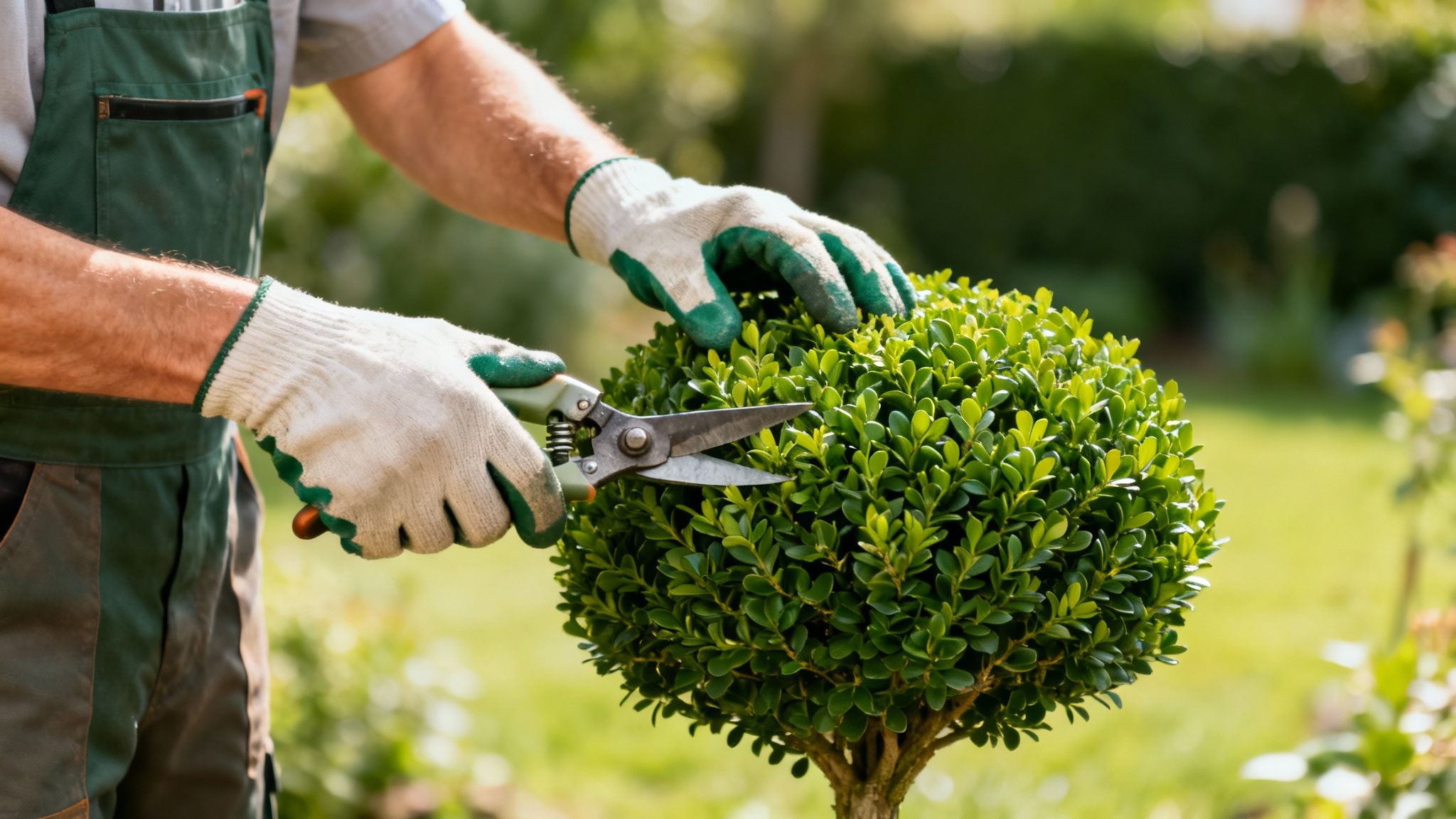 En person i grønne overalls og handsker beskærer en rund buksbom med havesaks i en solrig have.
