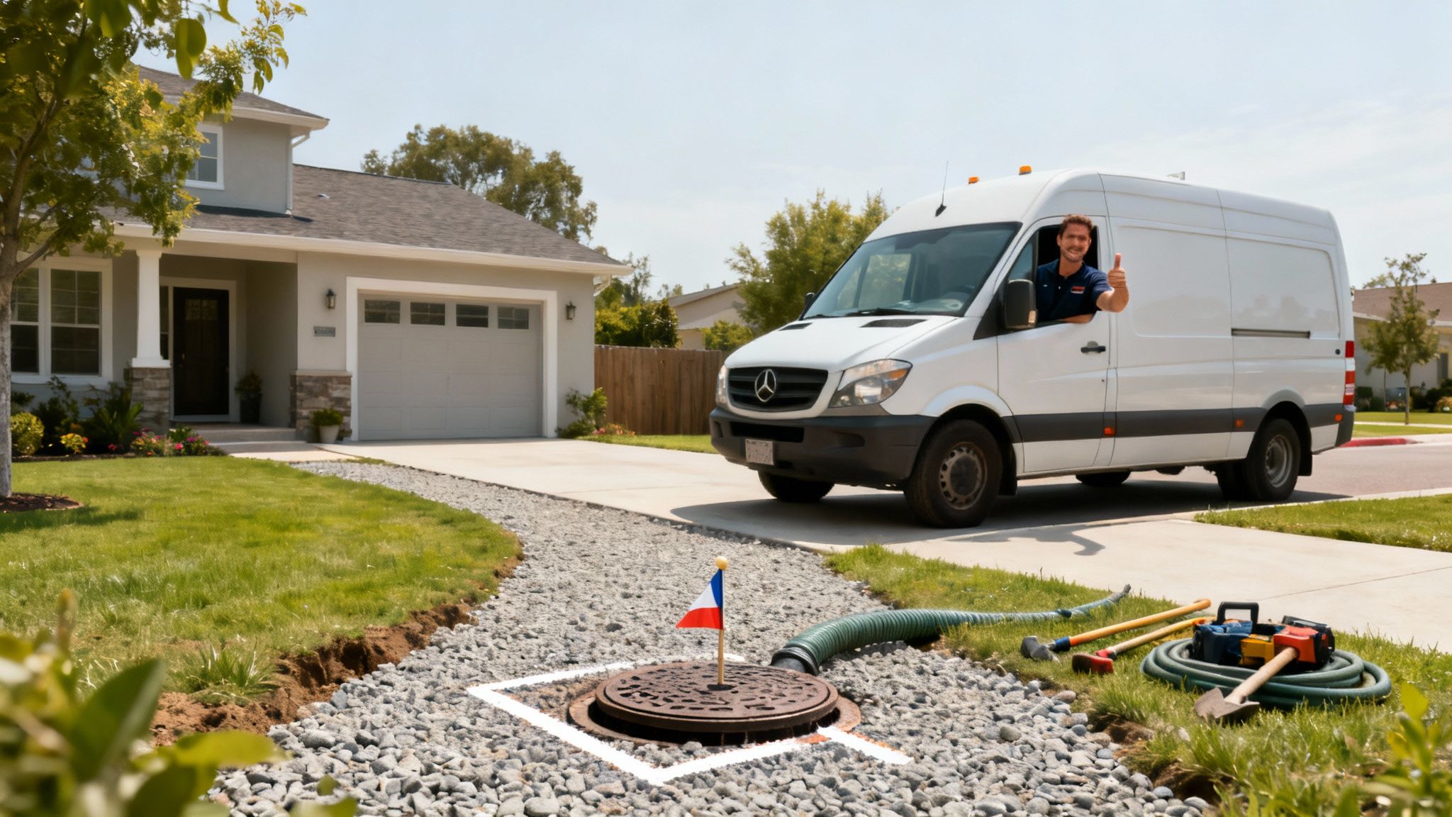 En hvid servicevogn med en mand, der giver tommelfinger op, foran et hus, med udstyr til septiktømning.