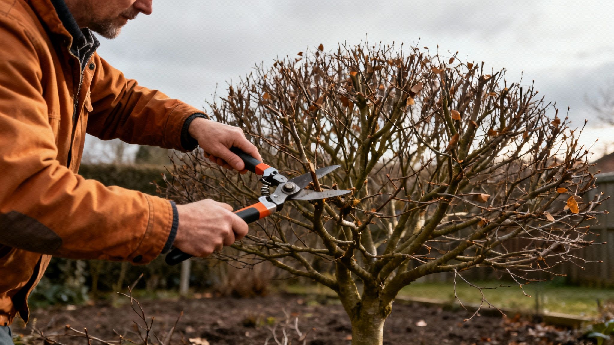 En mand beskærer en bøgehæk med havesaks i en have under en grå himmel.