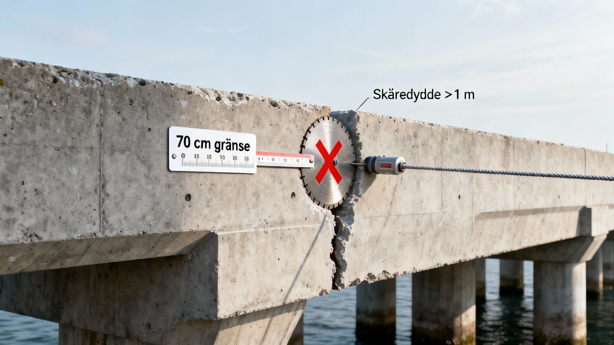 En savklinge og en wire viser dybden af et snit i en betonkonstruktion over vandet.