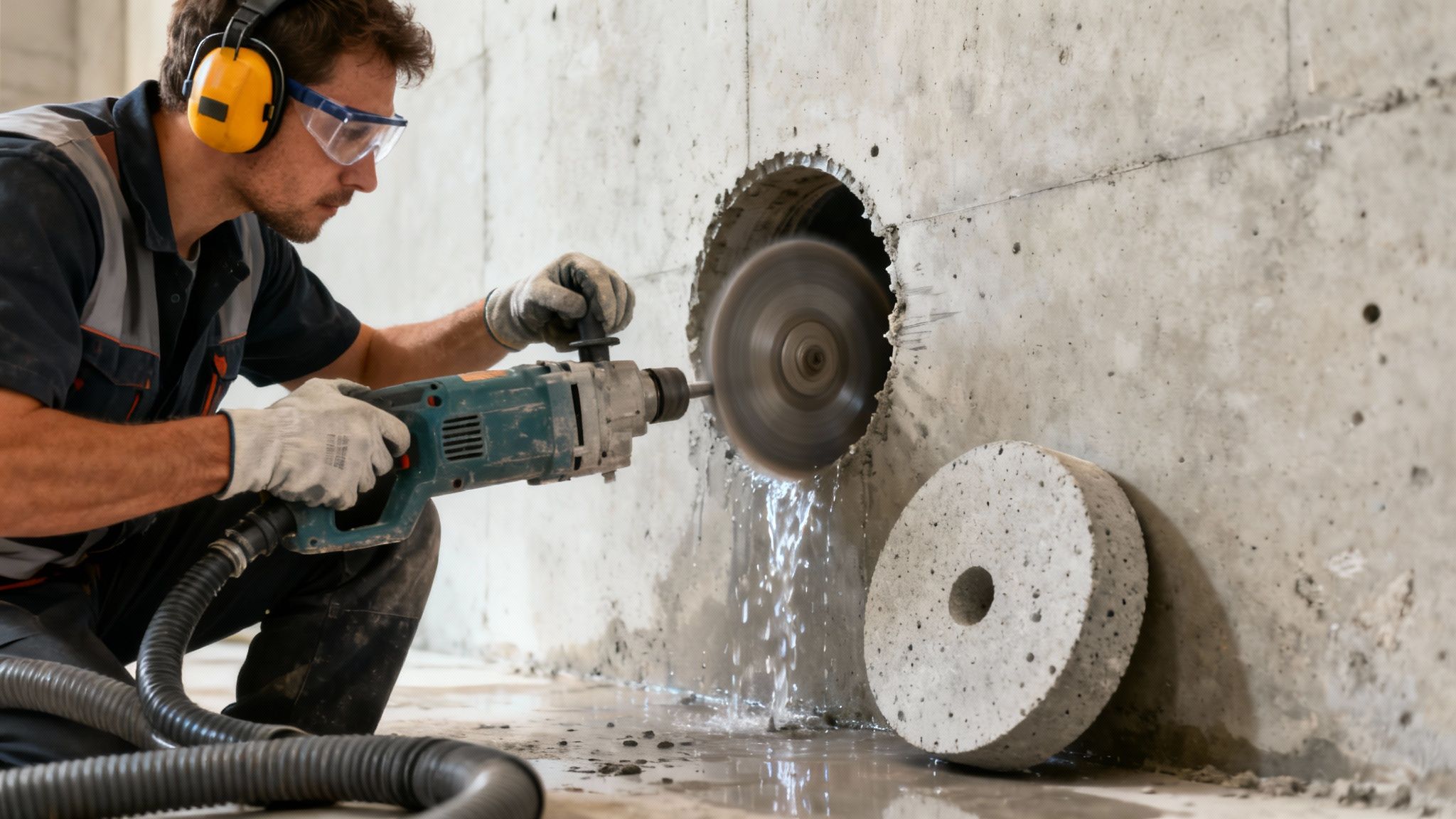 Mand borer hul i betonvæg med kerneboremaskine, iført høreværn og sikkerhedsbriller. Vand sprøjter ud.