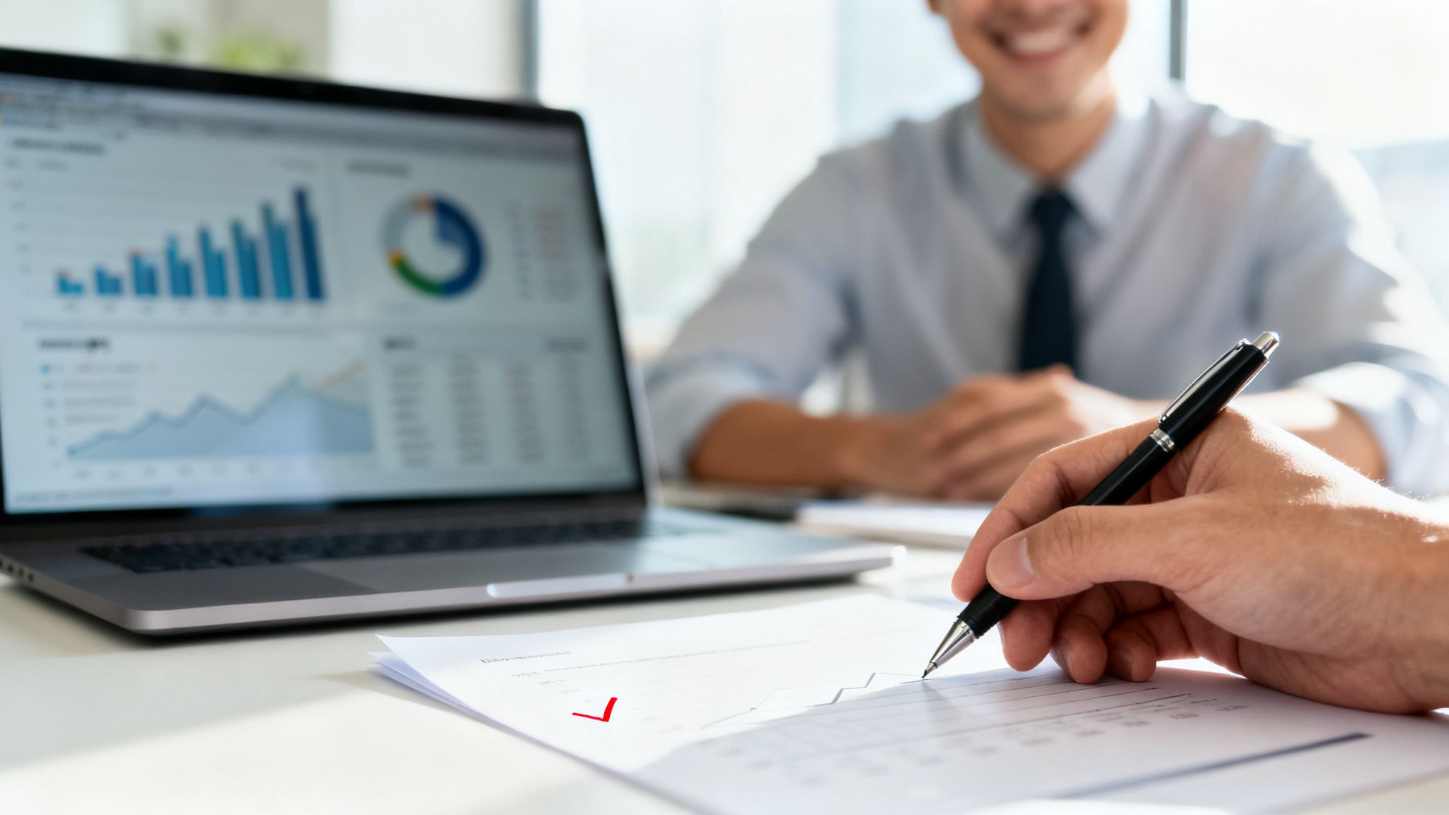 To personer gennemgår data; den ene underskriver et dokument, mens en smilende kollega er bag en laptop med grafer.