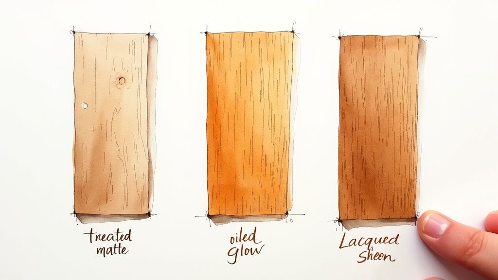 Tre træprøver viser forskellige overfladebehandlinger: mat, olieret og lakeret, med varierende glans og farve.
