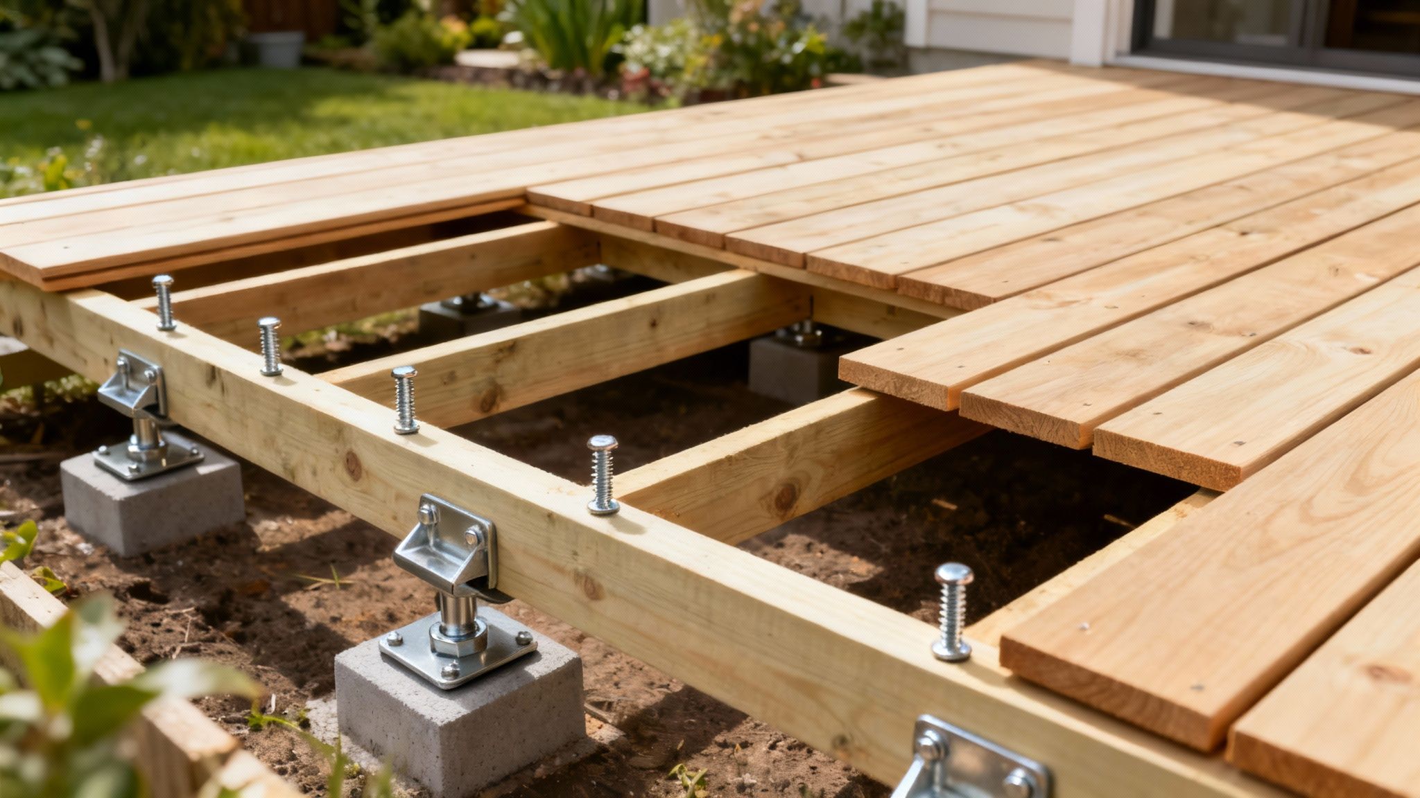 En flot nybygget træterrasse i lyse træsorter