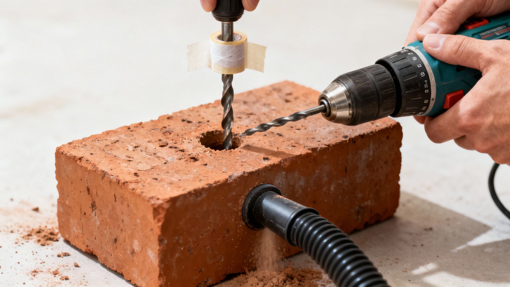 En person borer i en mursten med to boremaskiner, hvoraf den ene har en støvudsugning, mens støv suges op.