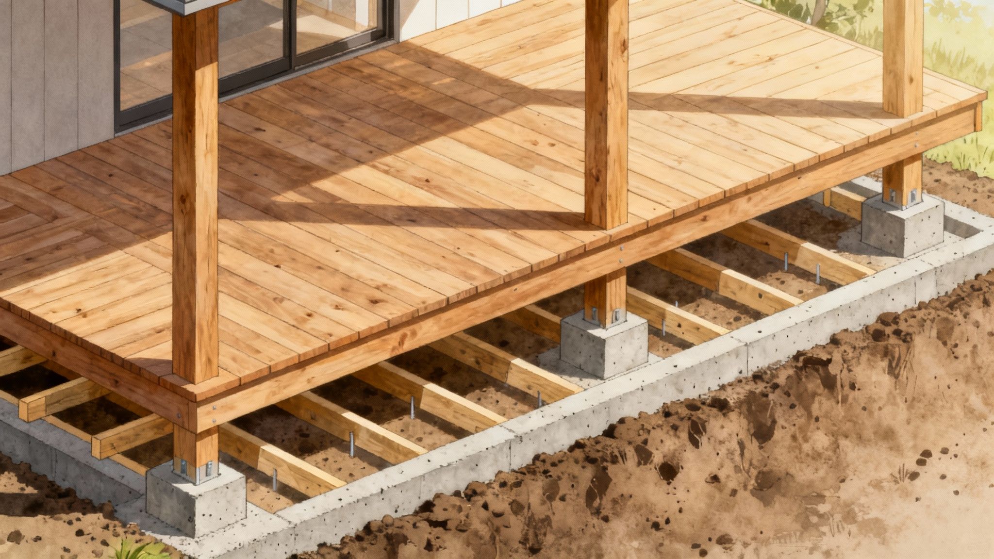 Træterrasse under konstruktion med synlig fundering af betonpæle og trækonstruktion