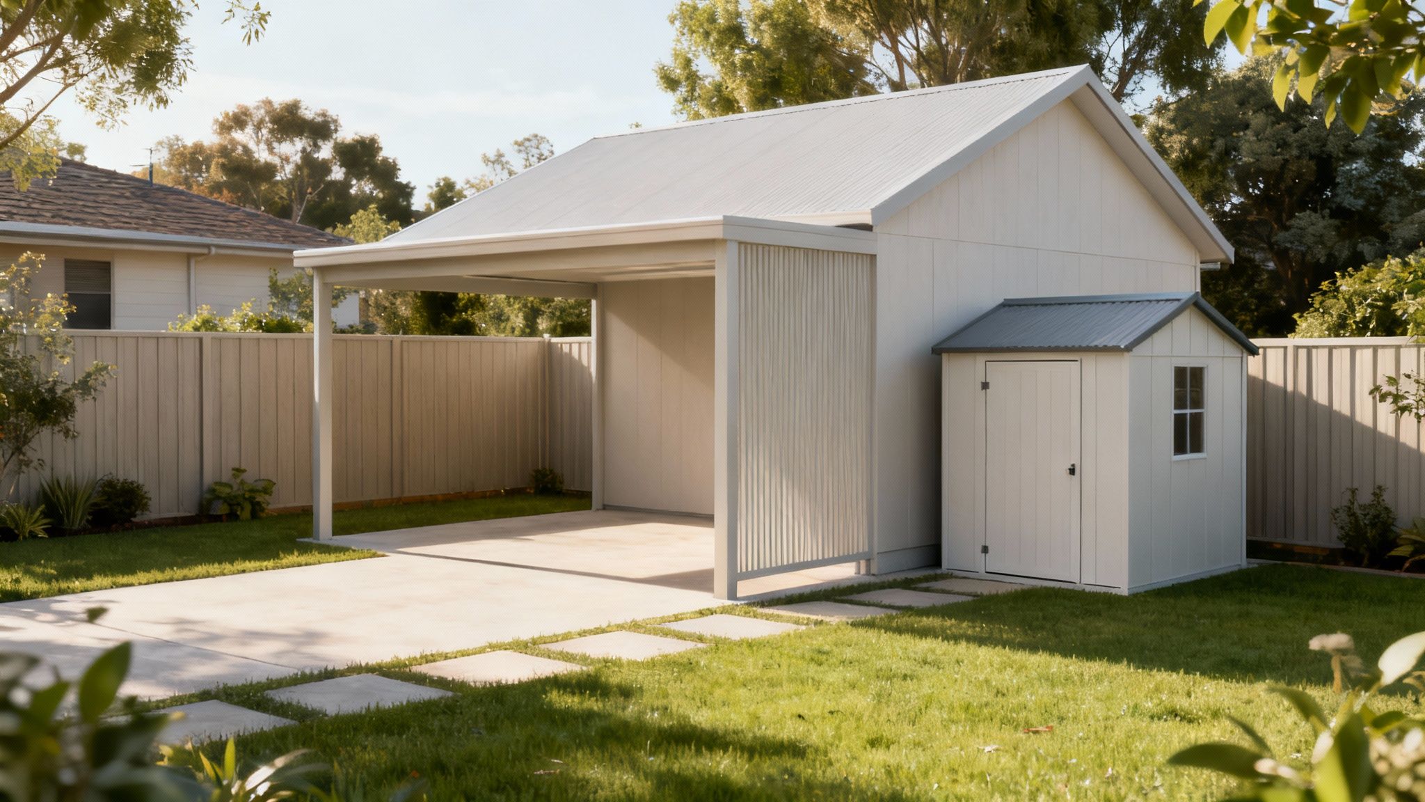 Moderne carport bygget tæt på skel