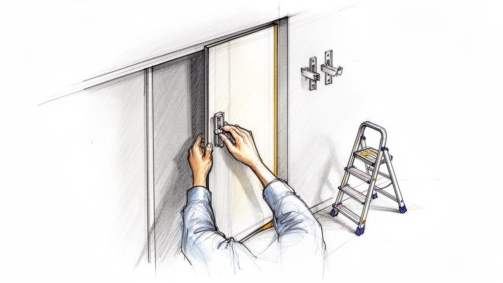 Hænder monterer beslag på en hvid skabslåge ved en væg med en stige i nærheden.