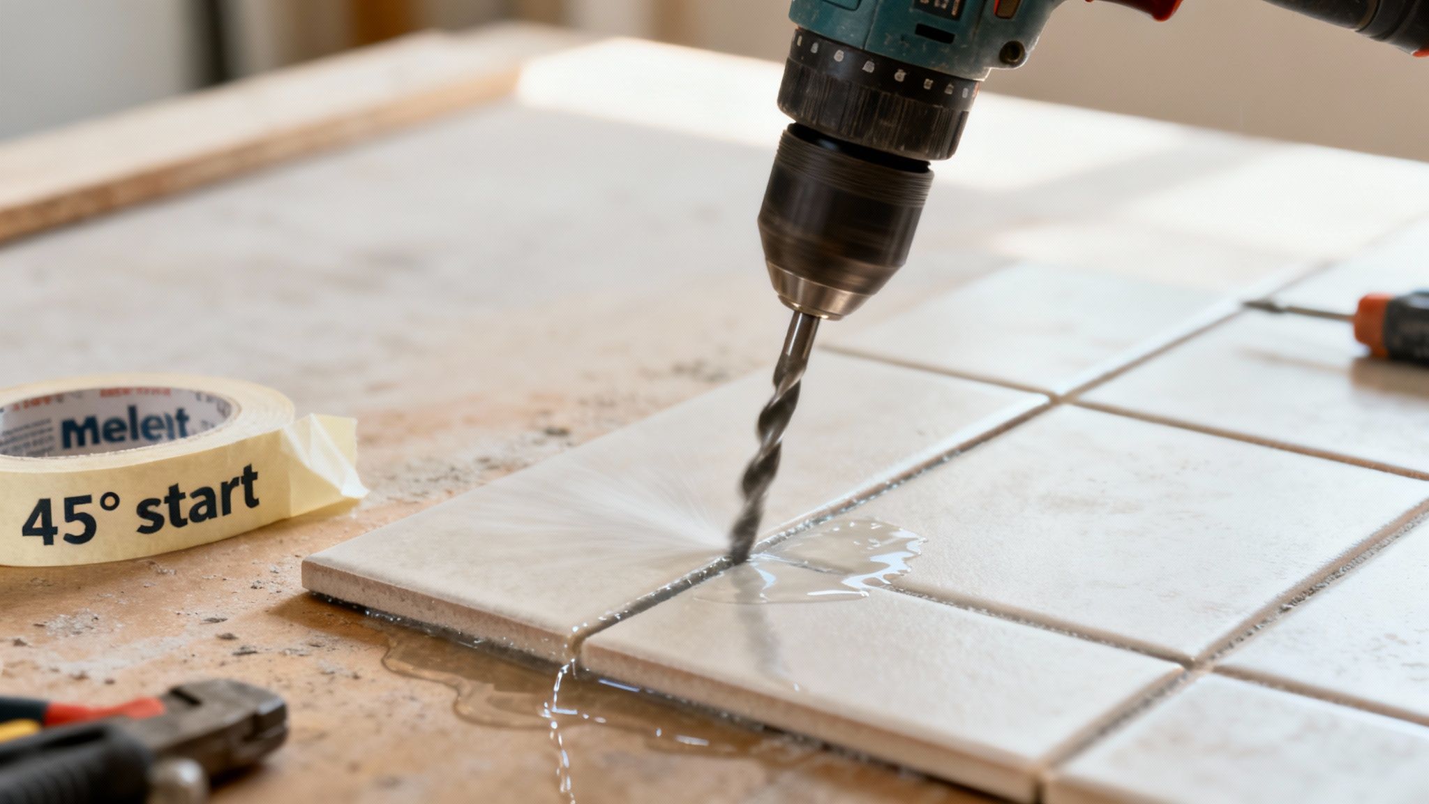Nærbillede af en boremaskine, der borer et hul i fliser med vand til køling.