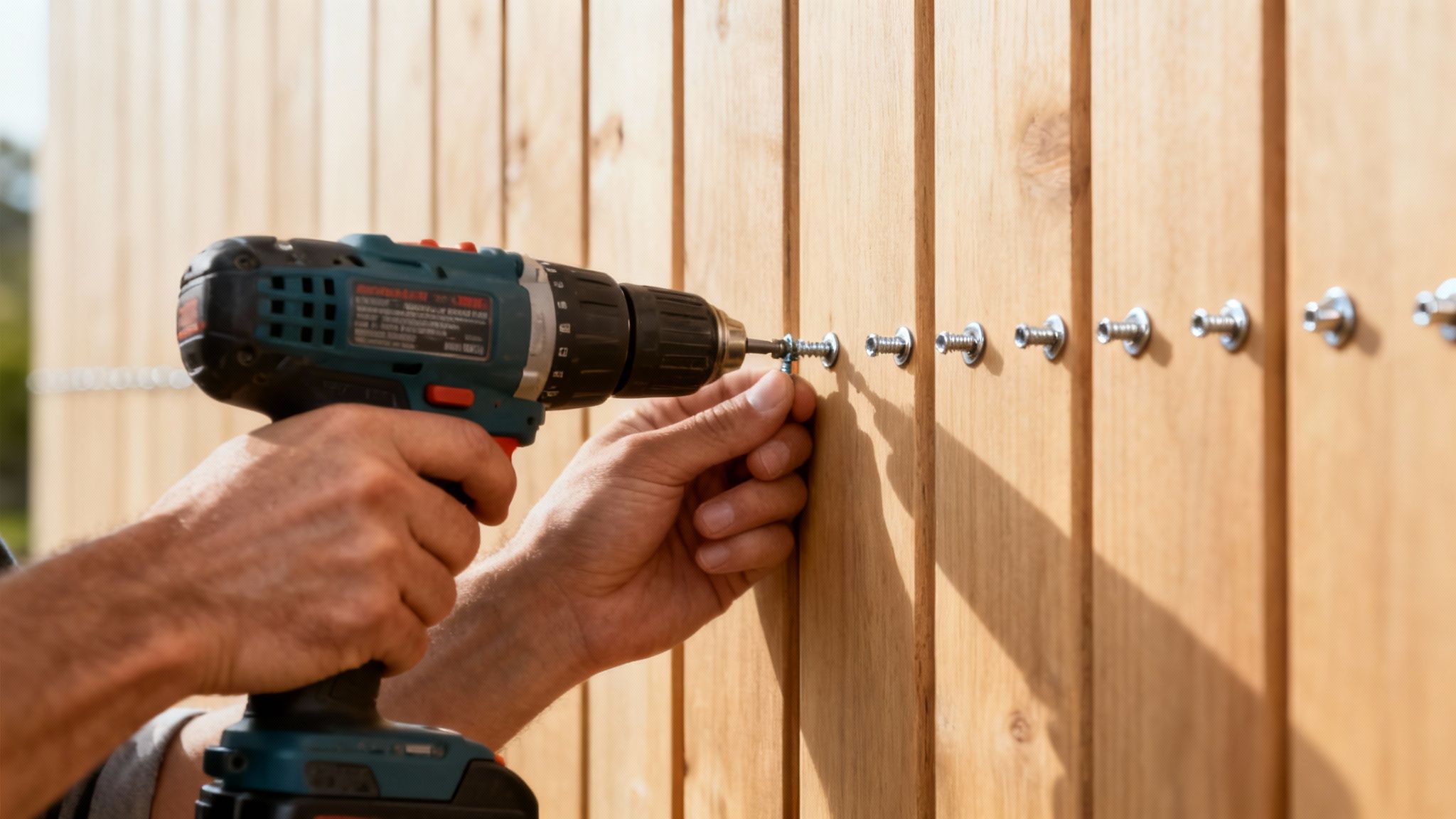 En tømrer i gang med at montere træplader på en facade.