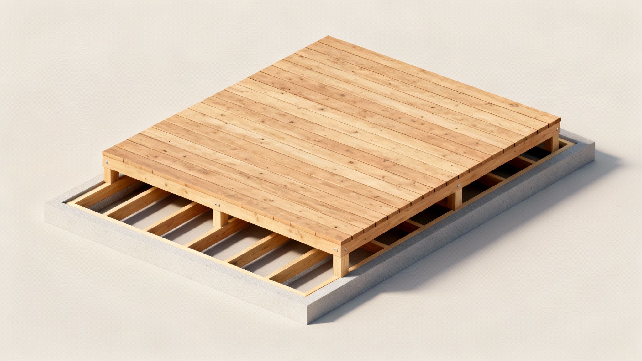 En solid underkonstruktion til en træterrasse under opførelse