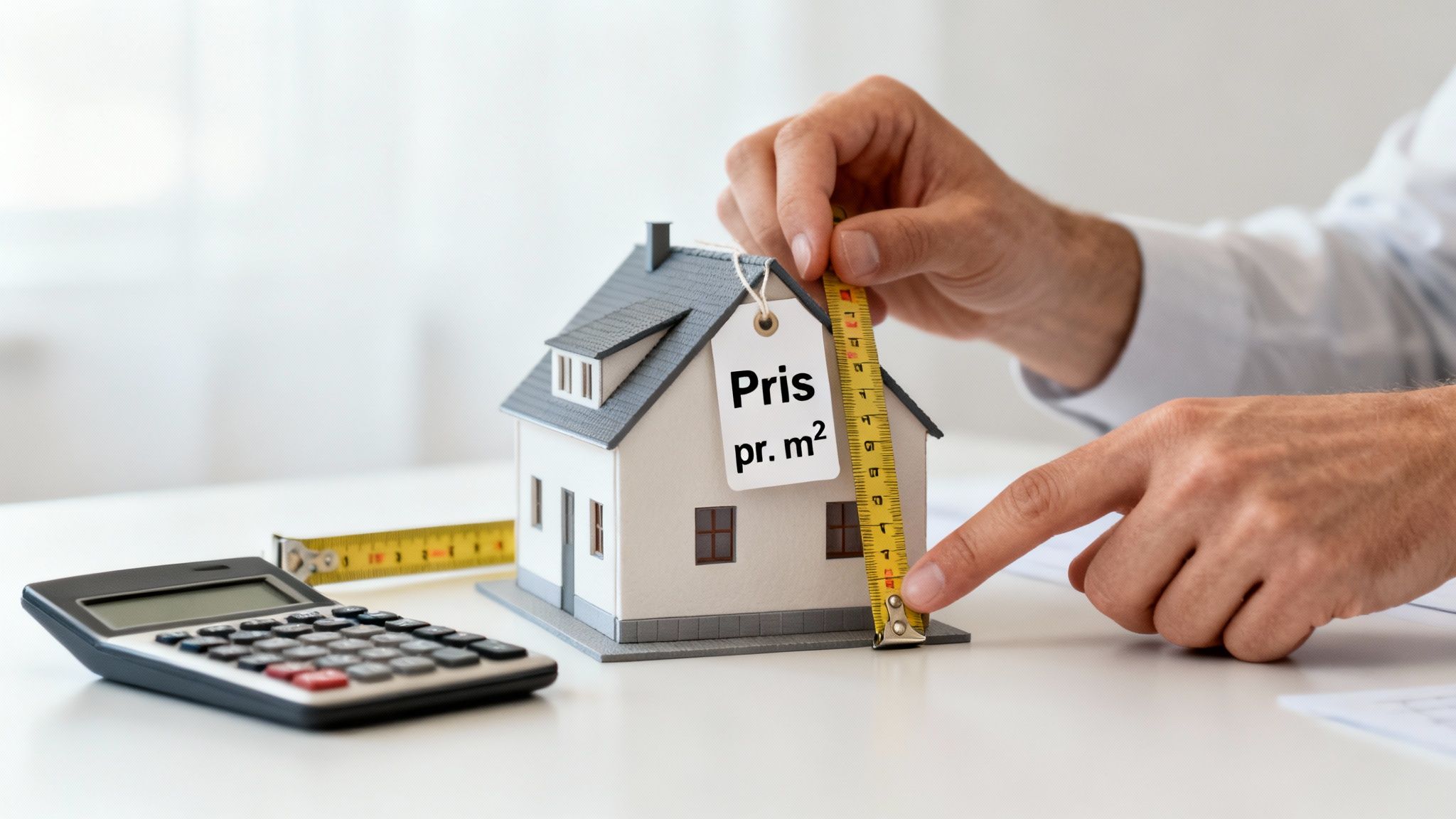 En hånd måler et modelhus med et målebånd, hvor et skilt viser 'Pris pr. m²'. En lommeregner ligger på bordet.