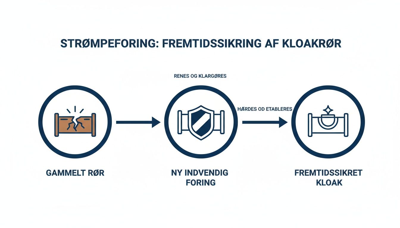 Illustration af kloak strømpeforing: et gammelt, ødelagt rør renses og får en ny, holdbar foring.