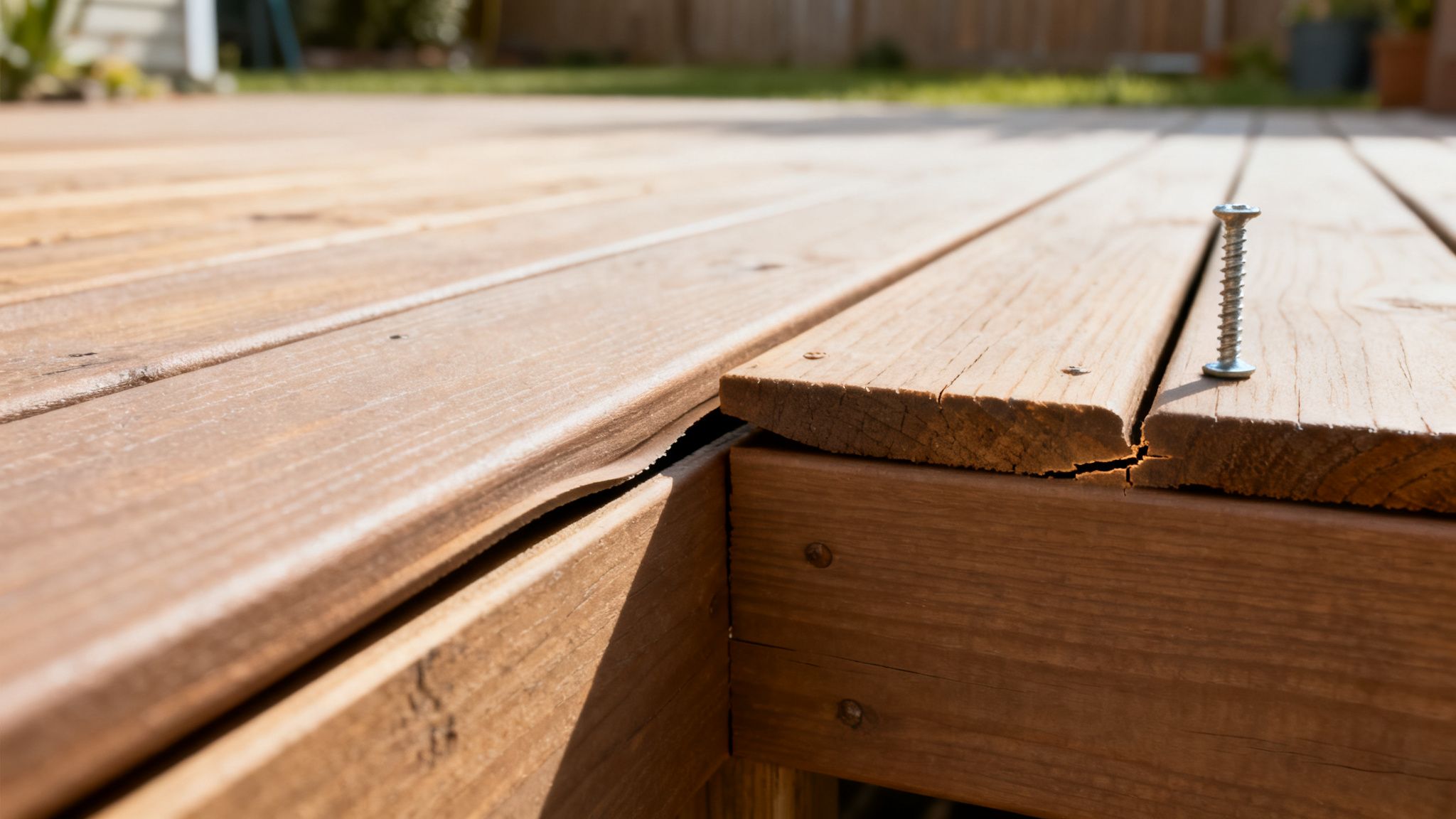 Nærbillede af en træterrasse med en løs skrue og tegn på slid og ælde.