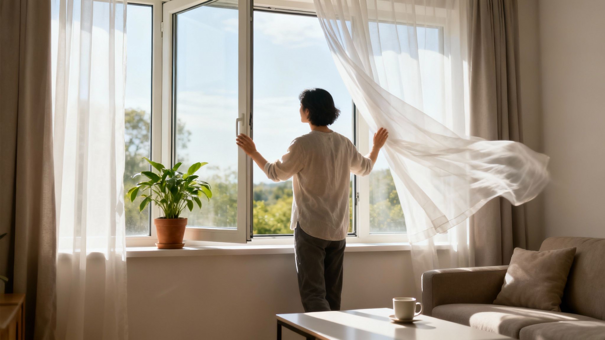 Kvinde åbner vindue, lader frisk luft og solskin ind i stuen, gardiner blafrer let.