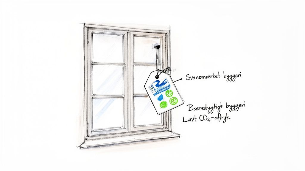 Tegning af et vindue med et svanemærket tag, der fremhæver bæredygtigt byggeri og lavt CO₂-aftryk.