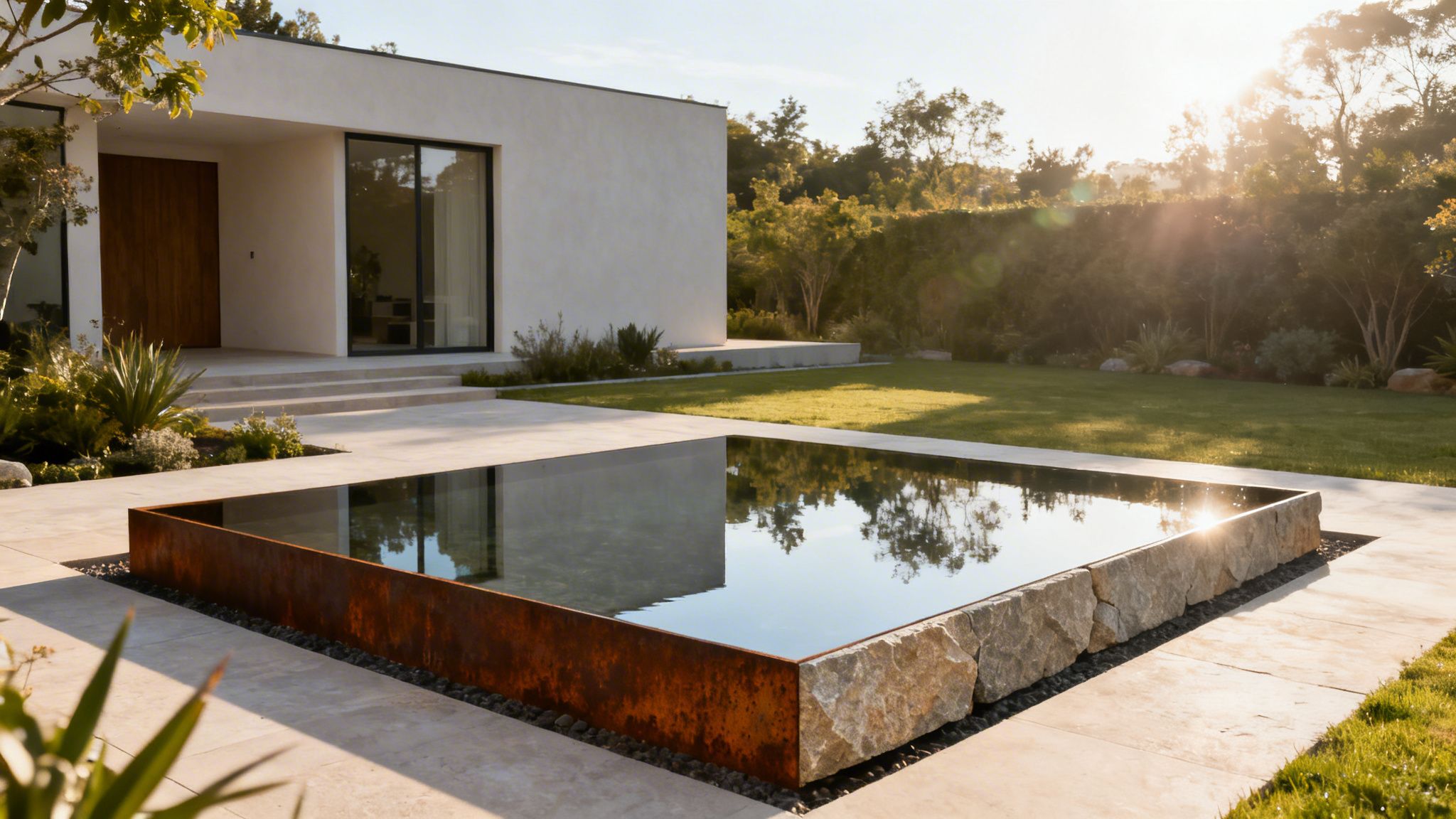 Et moderne hus med et stilrent vandspejl i forgrunden, omgivet af have og grønne træer i solskin.