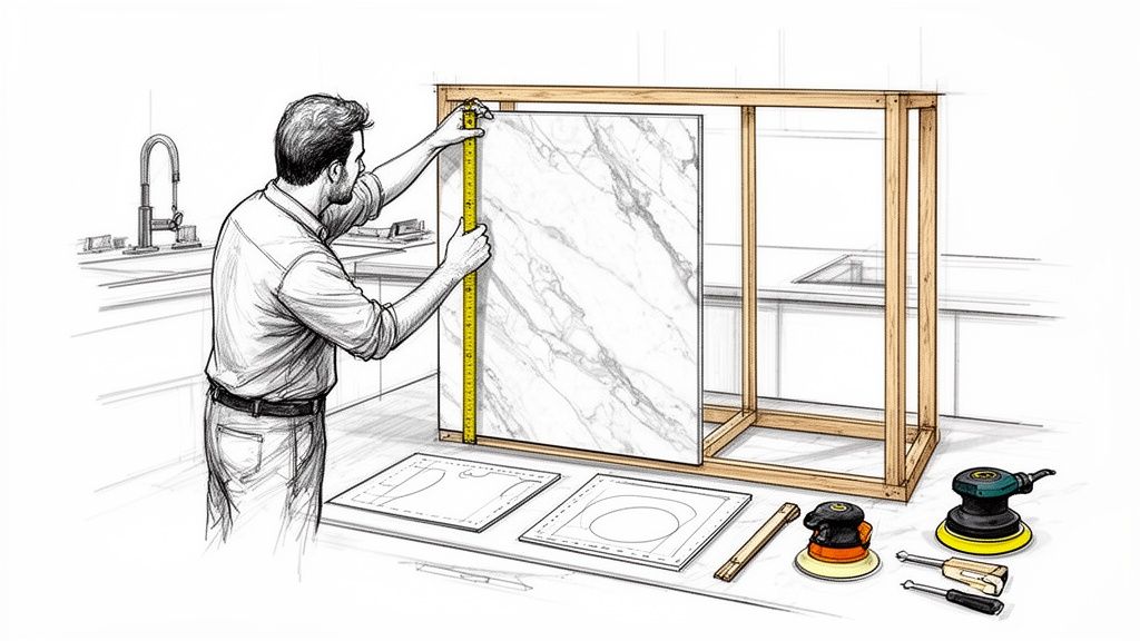 En mand måler en stor marmorlignende plade til et køkken, med værktøj og tegninger på bordet.