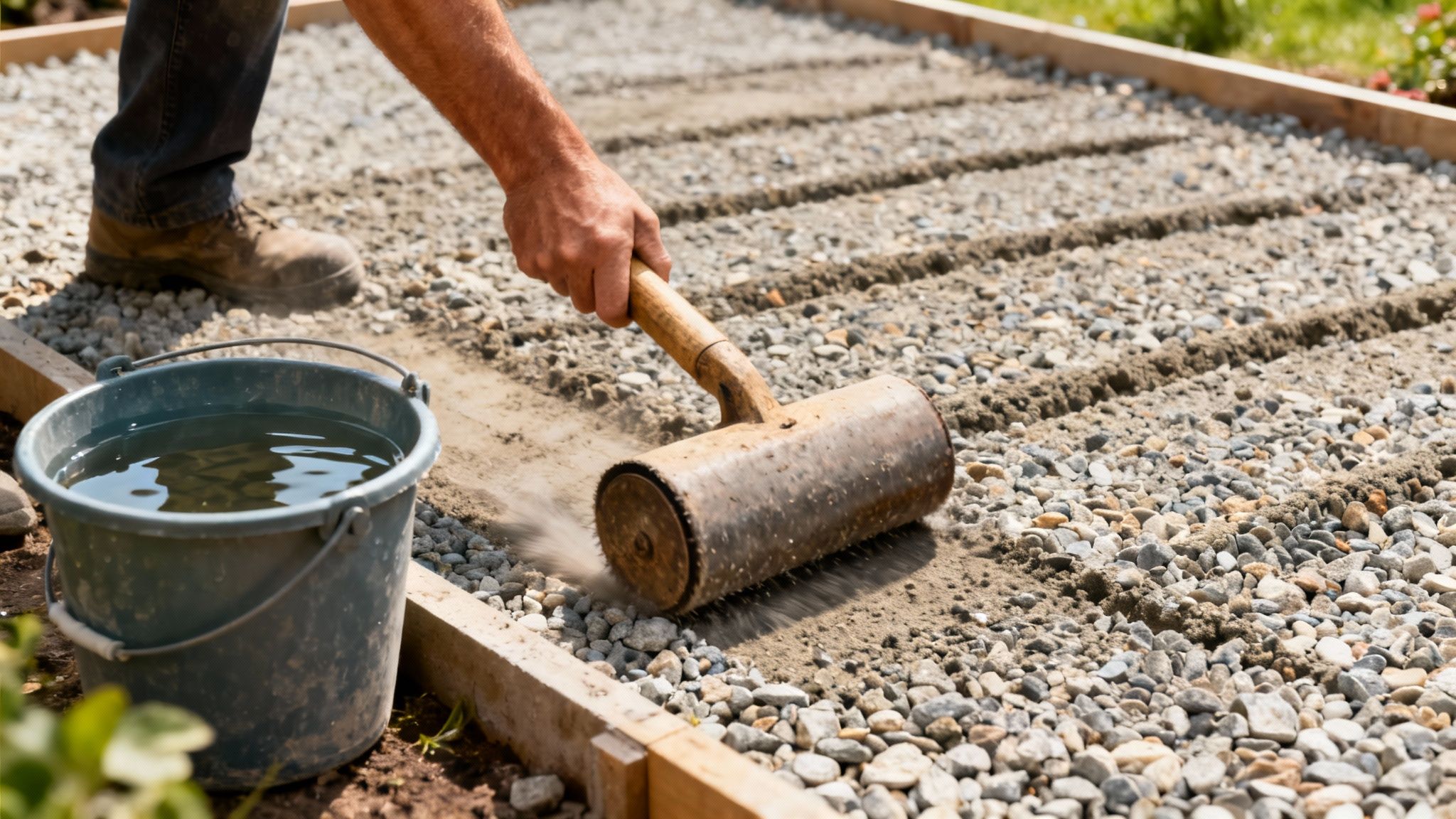 Mand udjævner sand med håndrulle på grusbund til fliselægning. En spand vand står ved siden af.