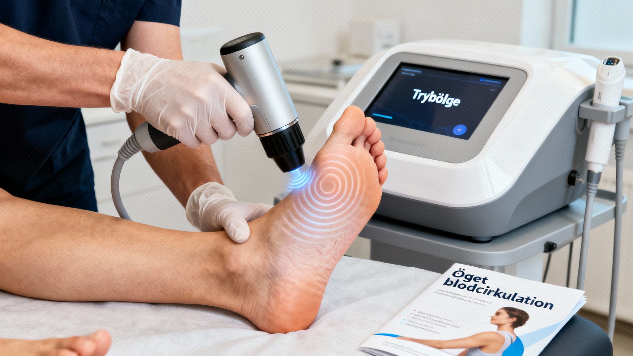 En terapeut behandler en fod med et trykbølgeapparat, der viser blå energiringe, med en brochure om øget blodcirkulation.