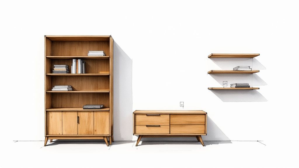 Detaljeret skitse af moderne bogreoler i egetræ og et lavt skab fyldt med bøger.