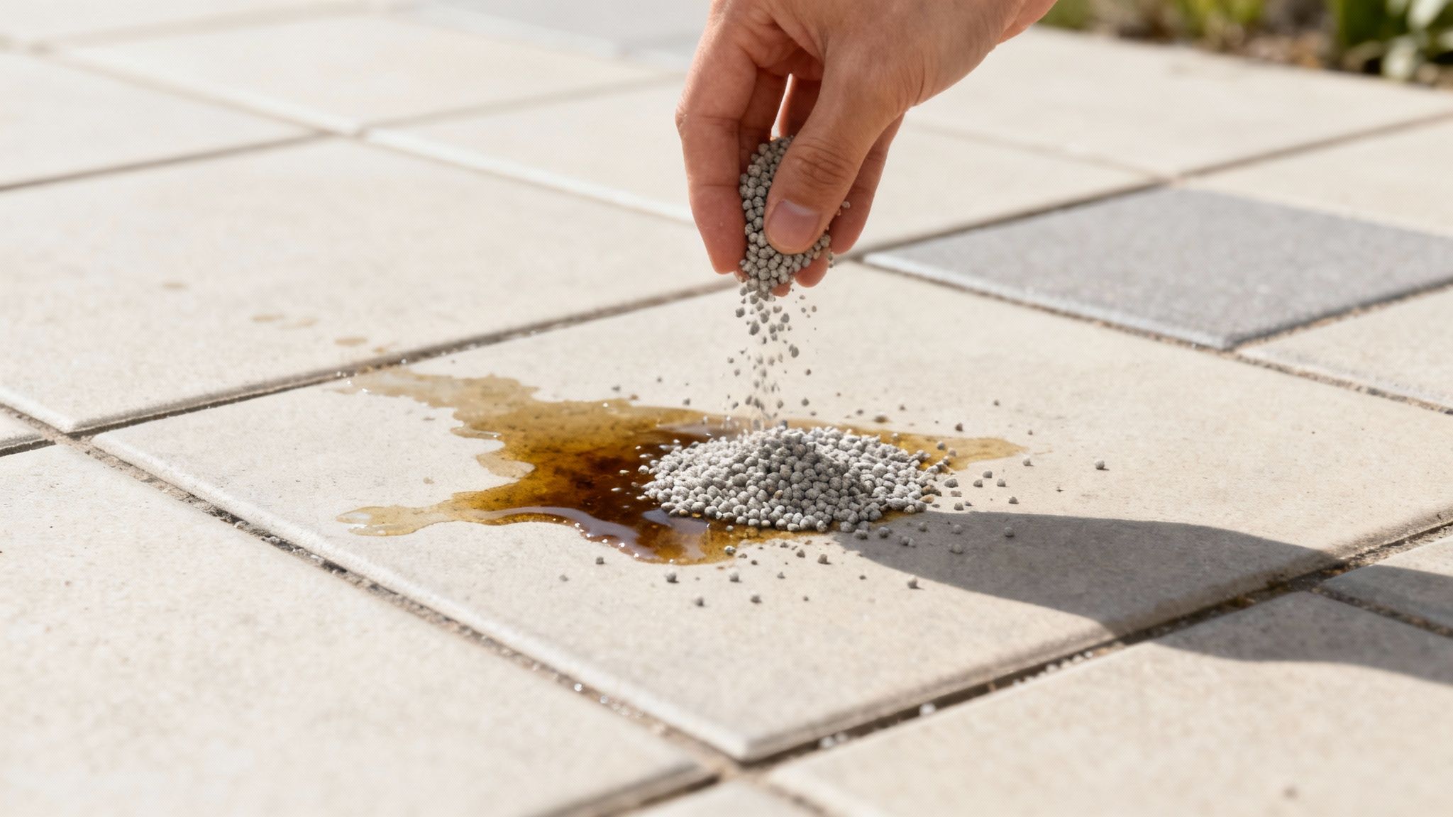 En person anvender et absorberende pulver på en olieplet på fliser.