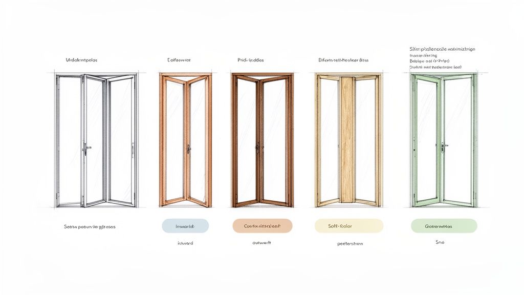 Illustration af fem forskellige træfoldedøre, der viser diverse design, farver og åbningsmuligheder.