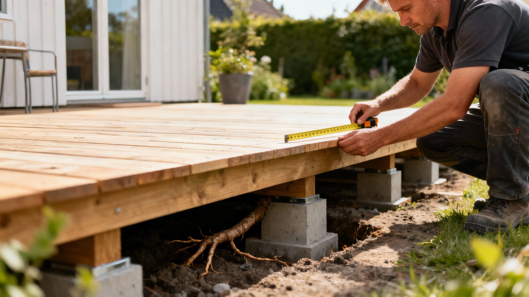 En flot hævet træterrasse i et moderne boligområde