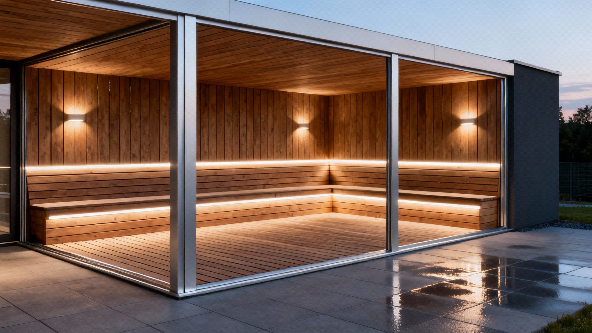 Moderne overdækket terrasse med varm træindretning og stemningsfuld belysning om aftenen.