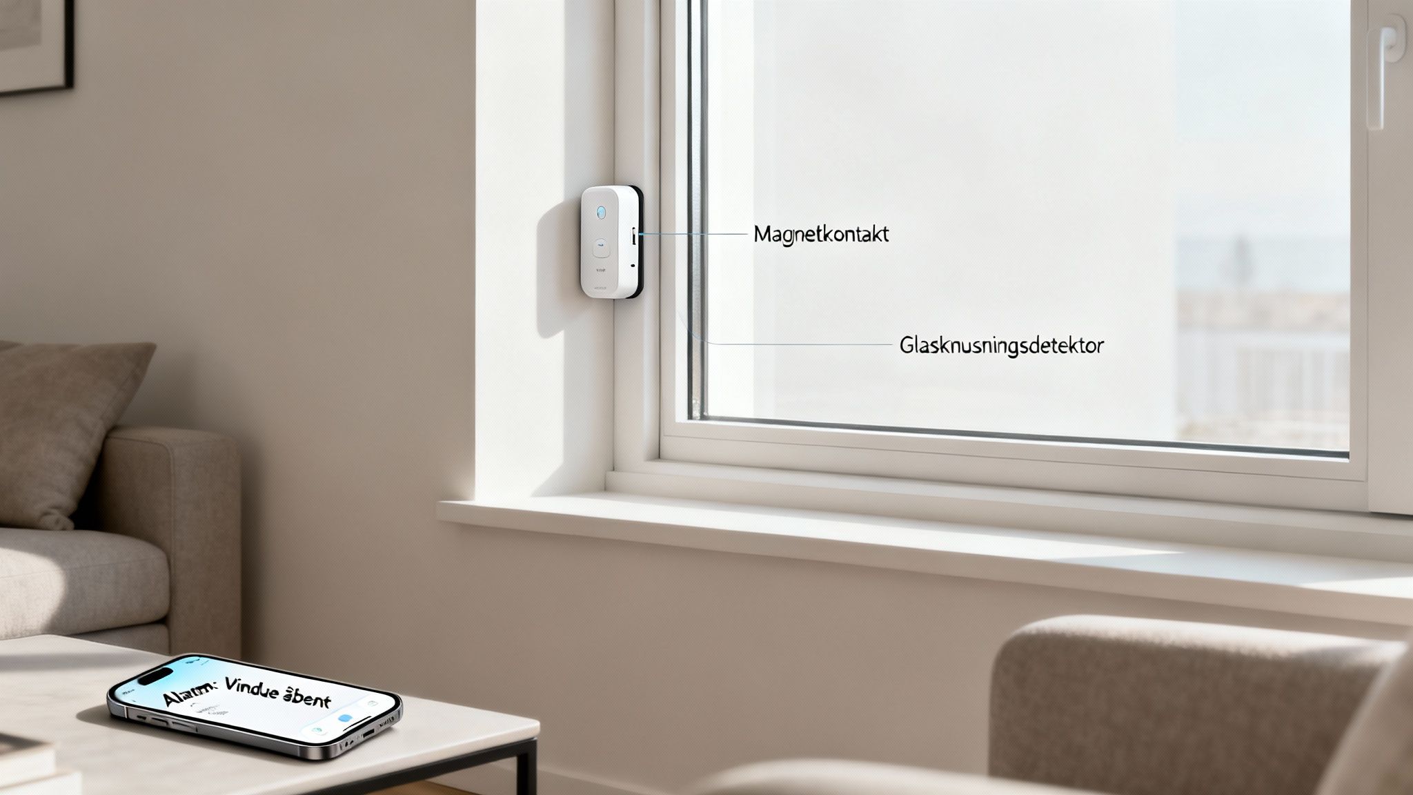 Sikkerhedsenhed på vindue med magnetkontakt og glasknusningsdetektor, samt en telefon der viser alarm om åbent vindue.