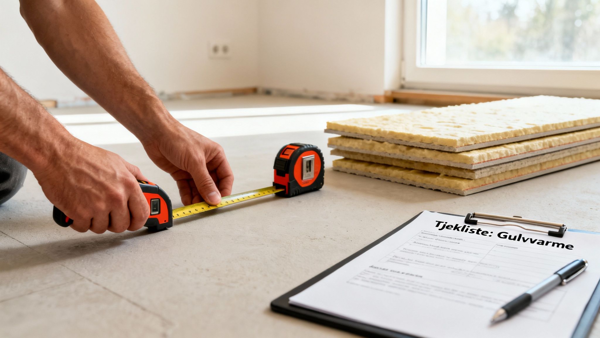 En person måler et gulv med målebånd, med isoleringsplader og en tjekliste for gulvvarme i nærheden.