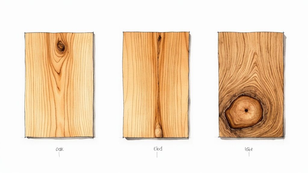 Tre illustrationer af træprøver med forskellige åremønstre og knaster, mærket Eg, Elod og Isle.