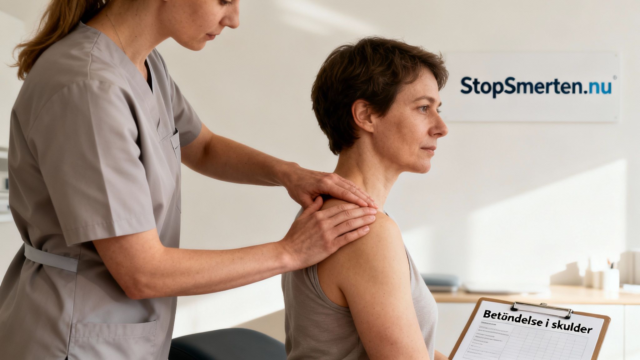 En terapeut behandler en patients skulder for betændelse. Fokus på smertelindring og genoptræning.