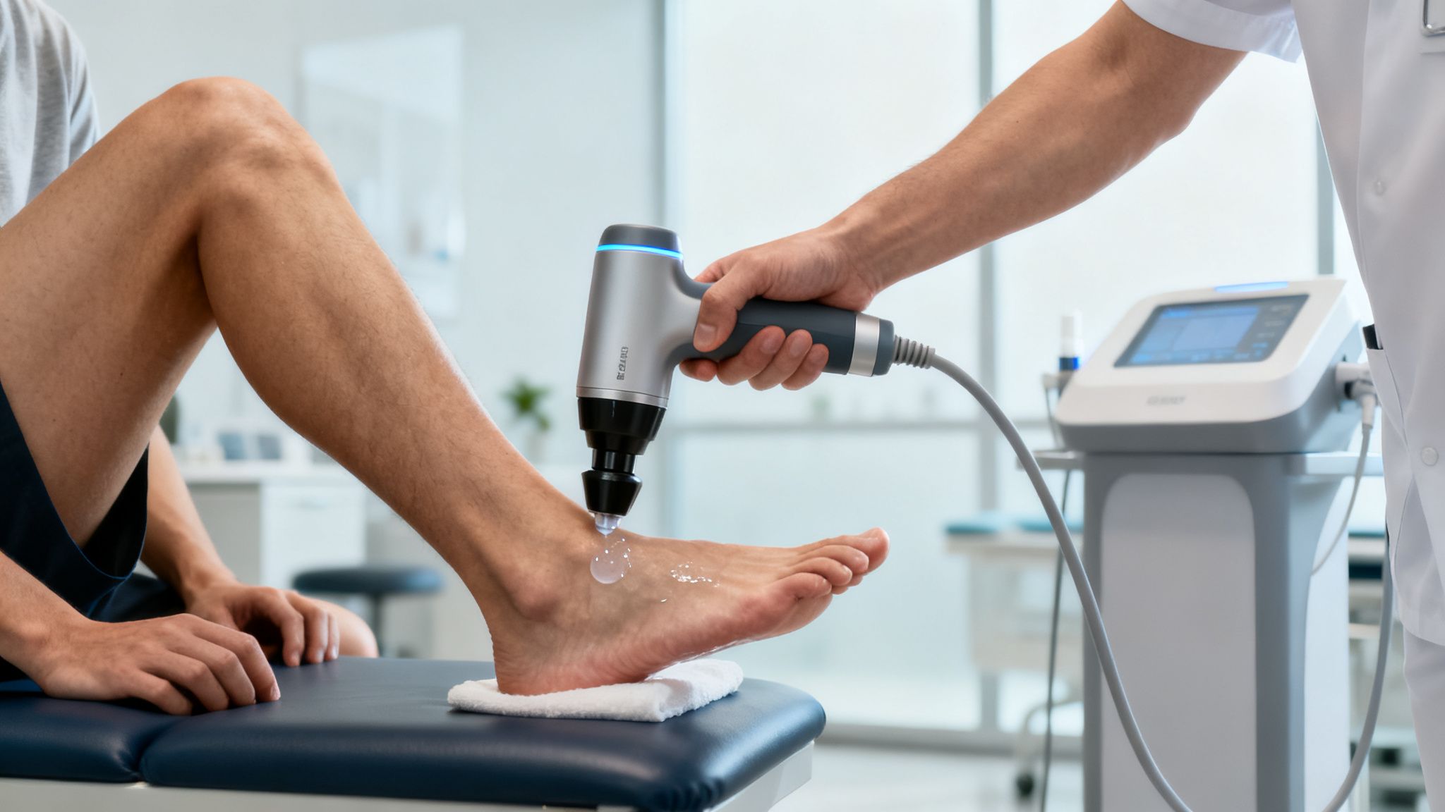 Fysioterapeut behandler en patients fod med et medicinsk apparat i en moderne klinik.