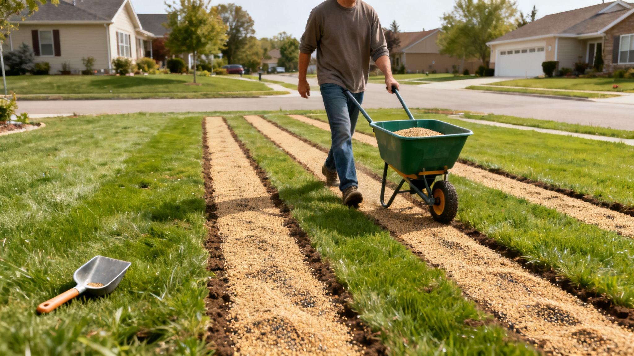 En mand skubber en trillebør fyldt med græsfrø hen over en plæne med rækker af nye frø. Huse og gade i baggrunden.