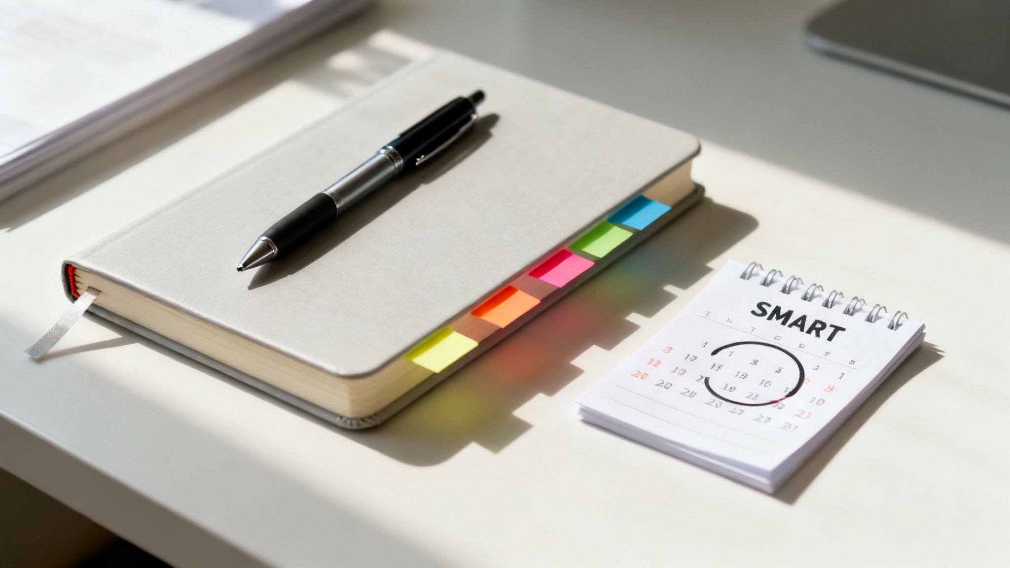 Et organiseret skrivebord med en grå notesbog, kuglepen og en SMART kalender i sollys.