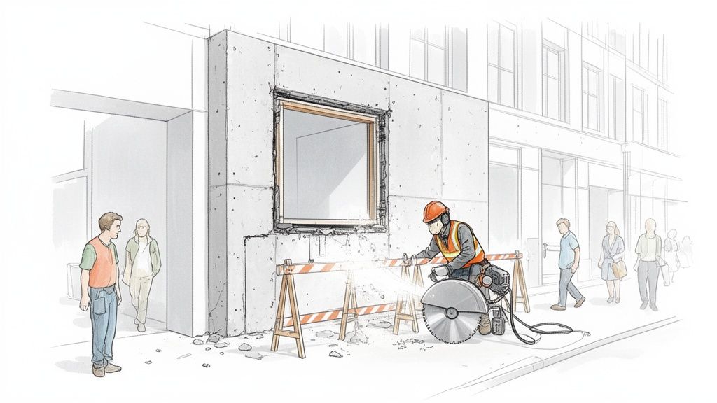 En bygningsarbejder skærer i beton med sav på et fortov, omgivet af gnister, ved et nyåbnet vindue.