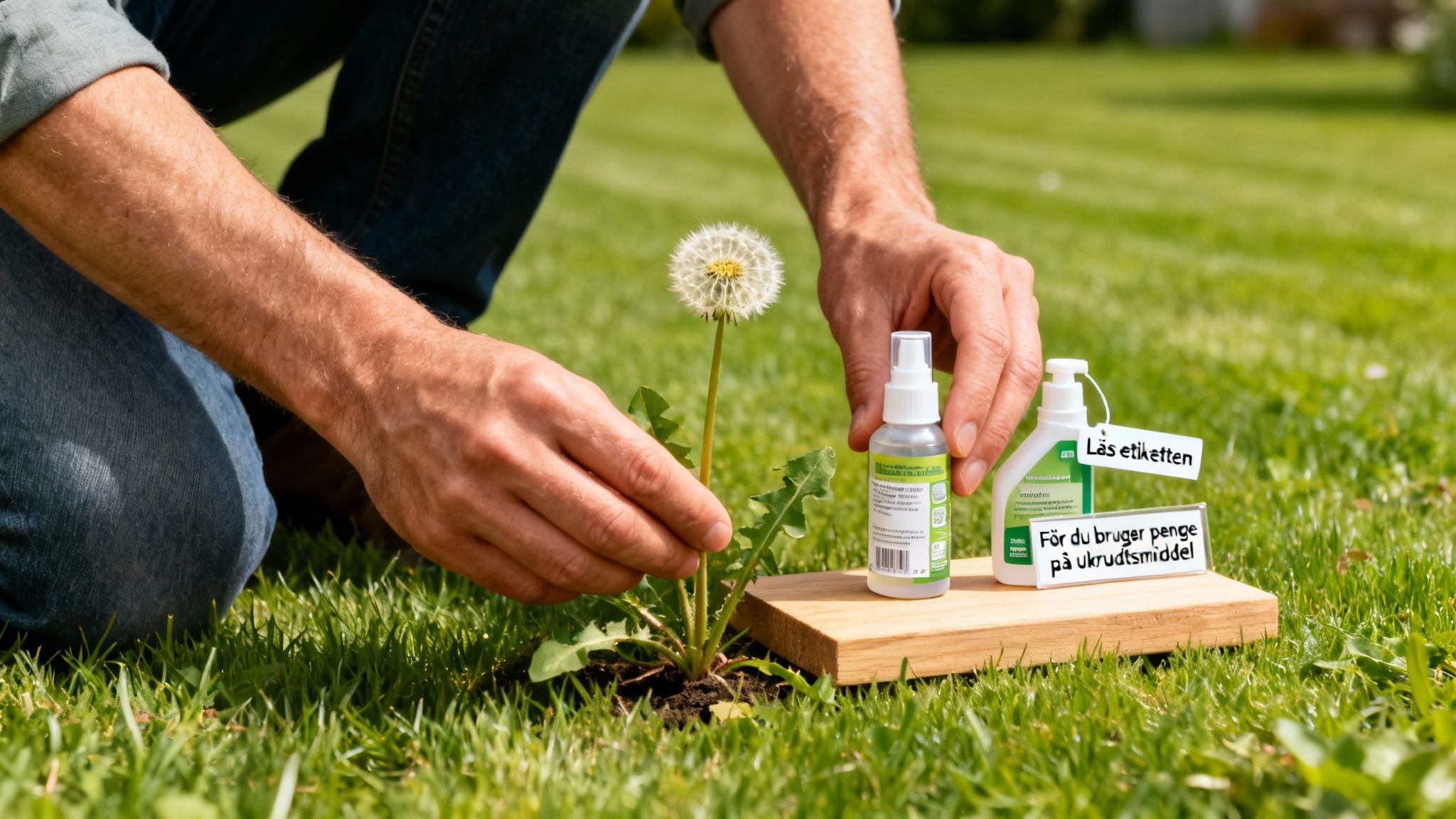 En person knæler i græsset og holder en mælkebøtte, med ukrudtsmidler på en træplade og tekst om at læse etiketten.
