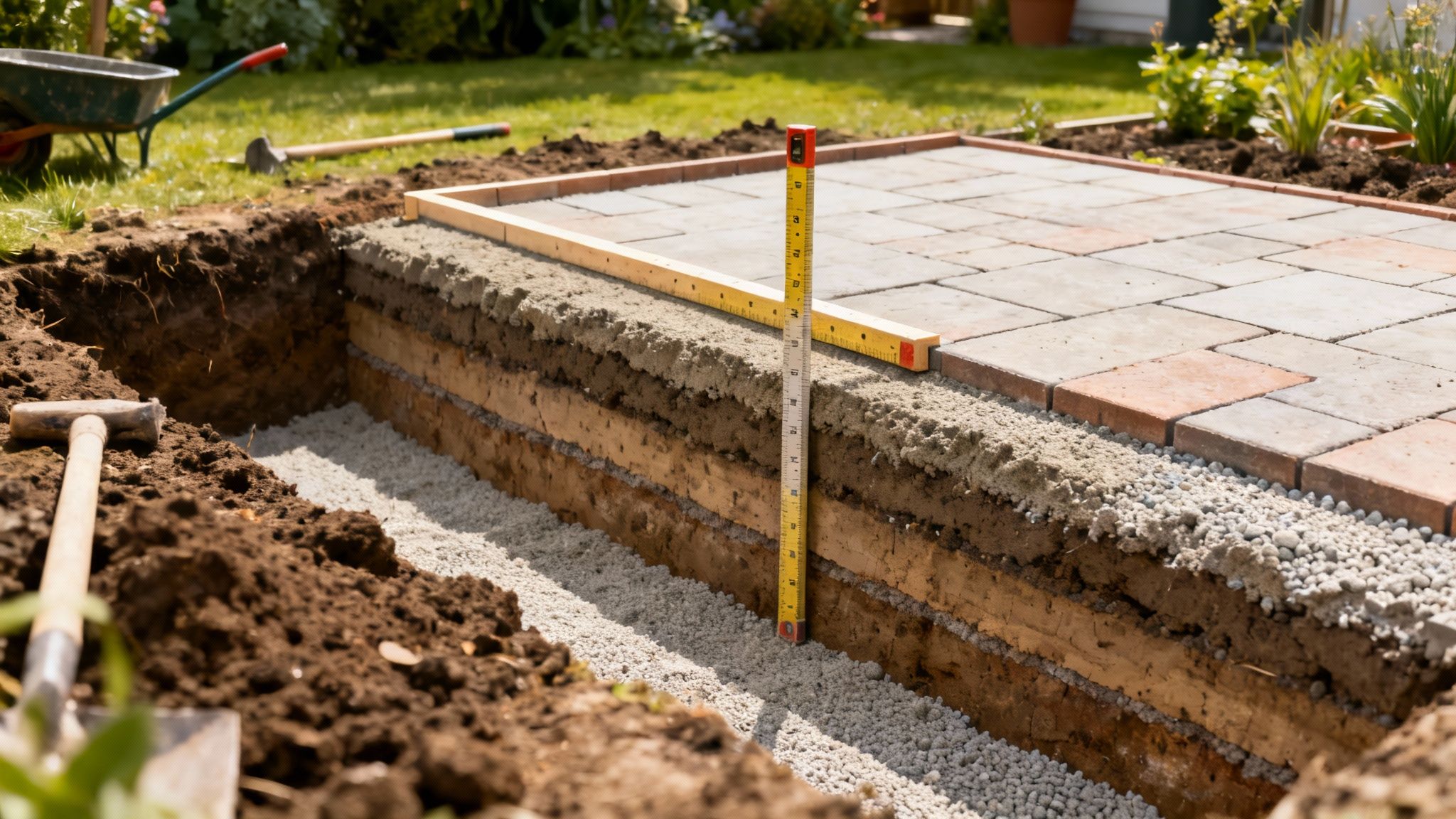 Udgravning til fliseterrasse i haven med synlige lag af jord, grus og sand samt en målestok.