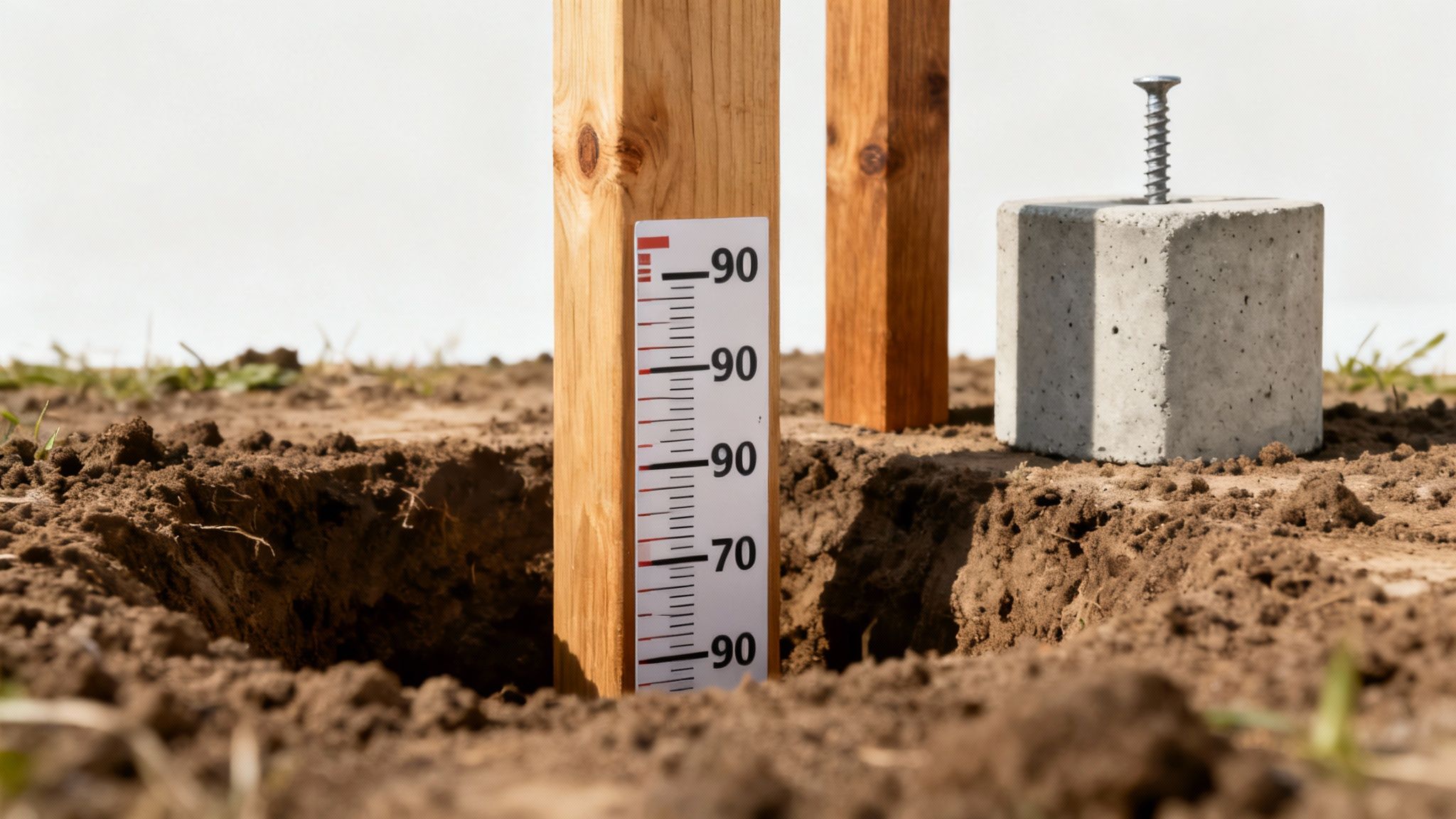 Et solidt fundament med stolper under opførelse af en hævet træterrasse.