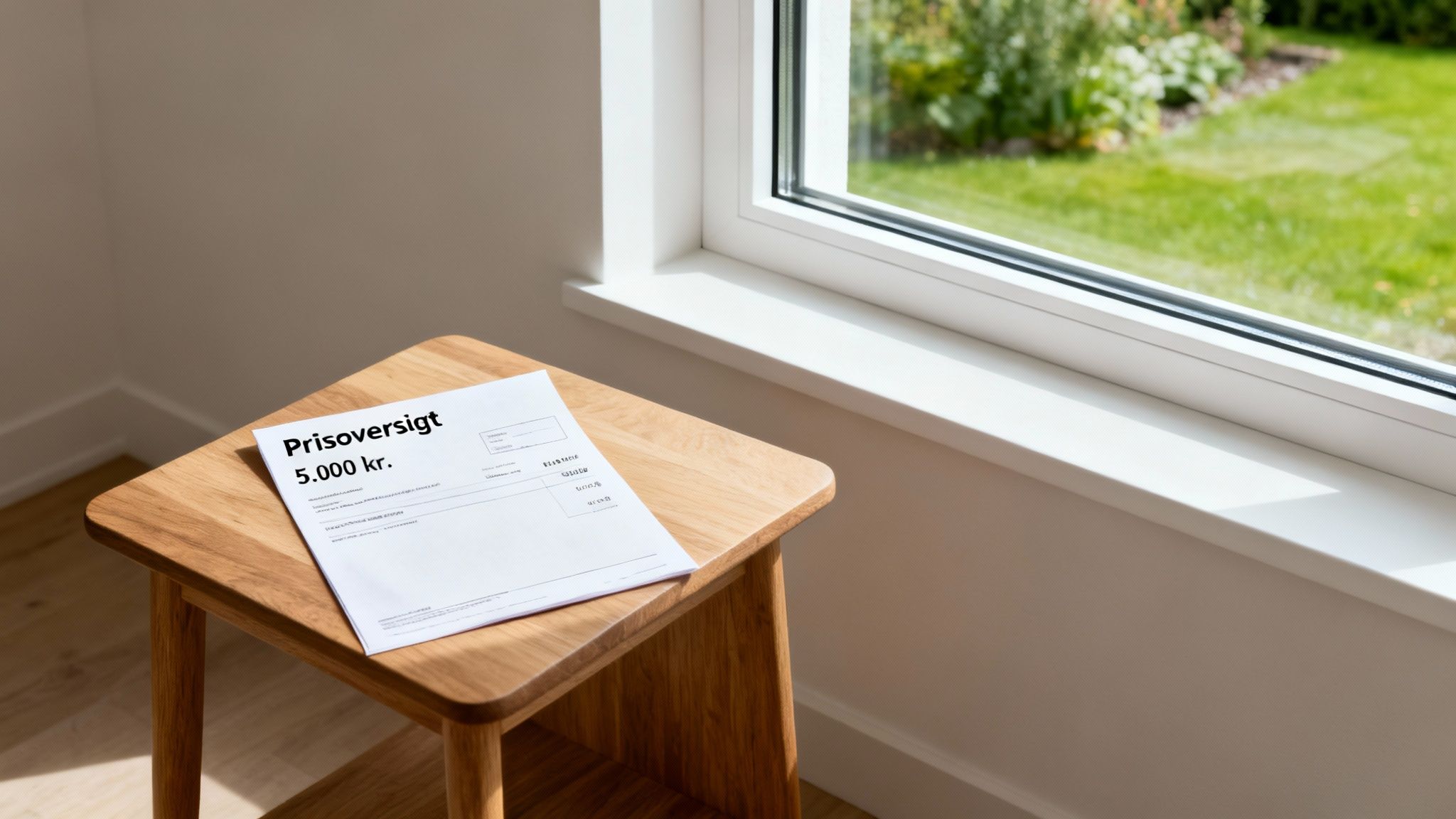 Et dokument med en prisoversigt på 5.000 kr. ligger på et træbord ved et vindue med udsigt til en grøn have.