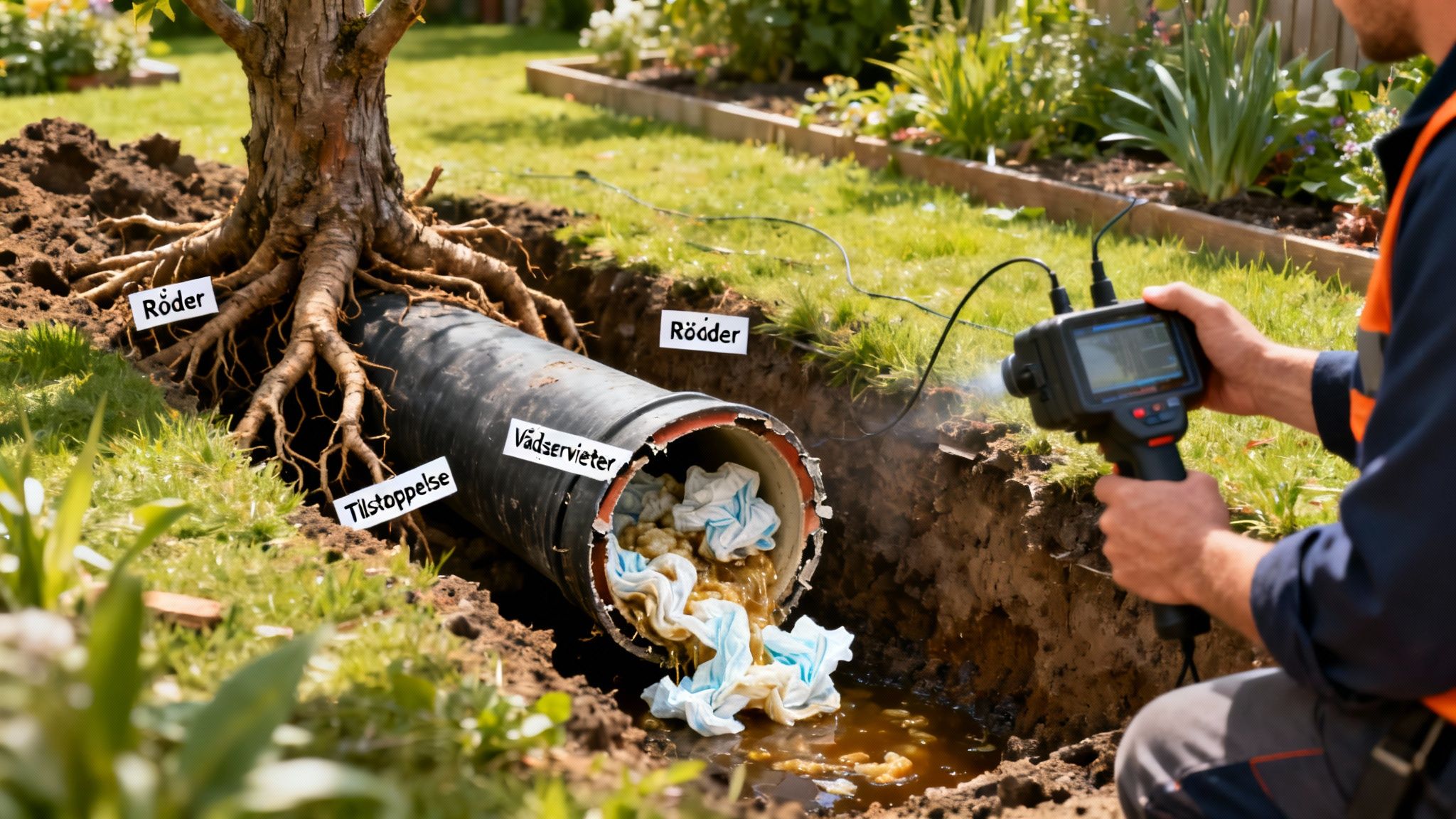 VVS-mand inspicerer en stoppet kloakrør med trærødder og vådservietter i en have.