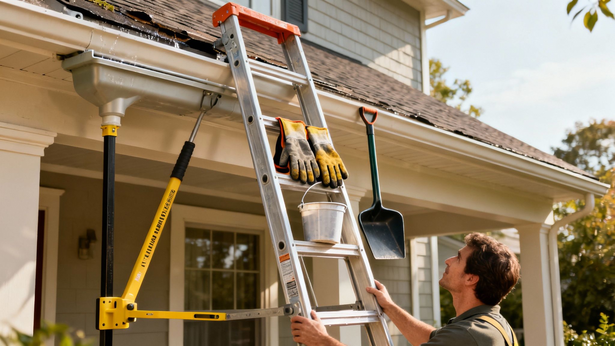 Mand renser tagrender på et hus med en stige og specialværktøj, hvilket viser vigtigheden af husvedligeholdelse.
