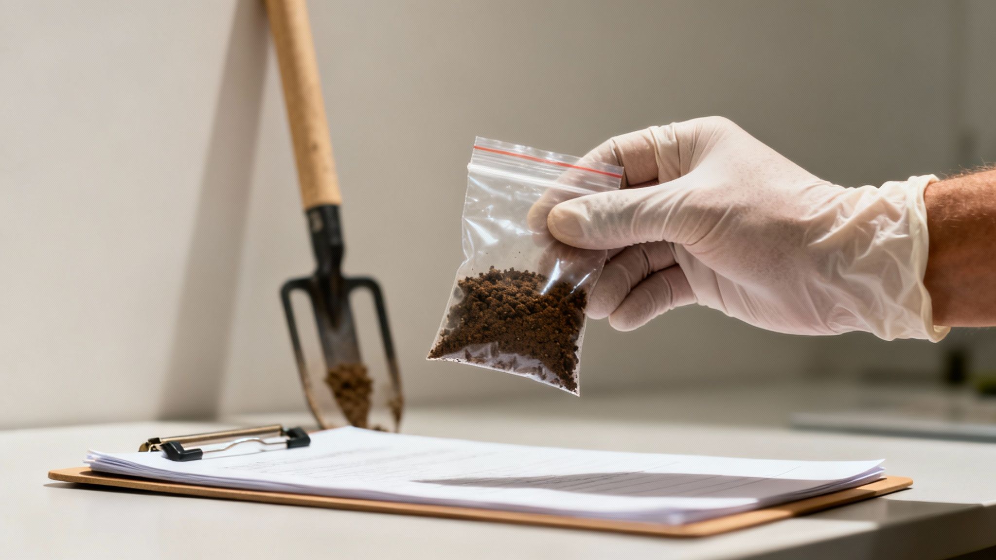 En hånd i hvid handske holder en lille pose med jordprøve. En skovl og dokumenter ligger på bordet.