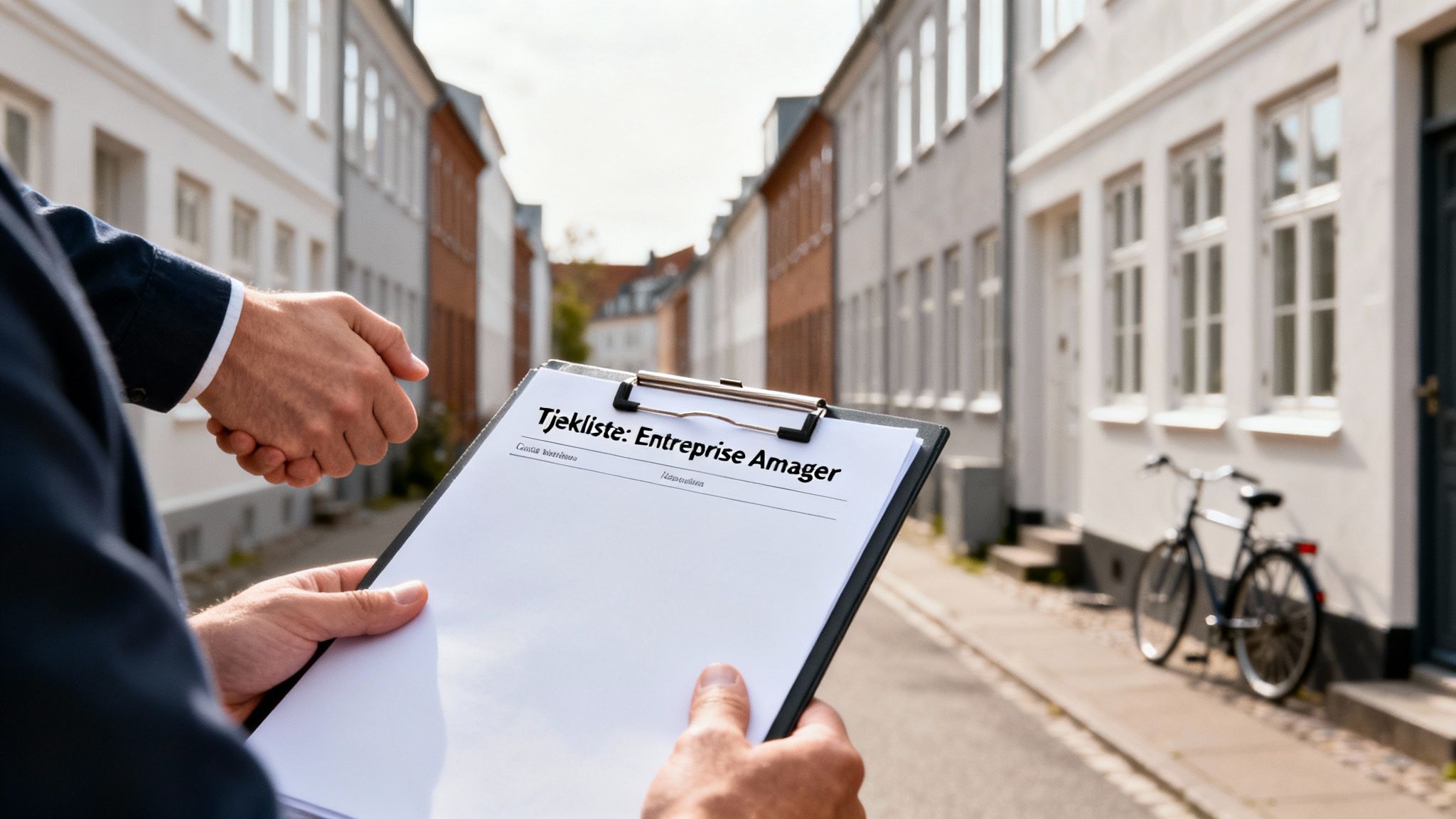 To mænd giver hånd på en gade, mens den ene holder en tjekliste for Entreprise Amager.