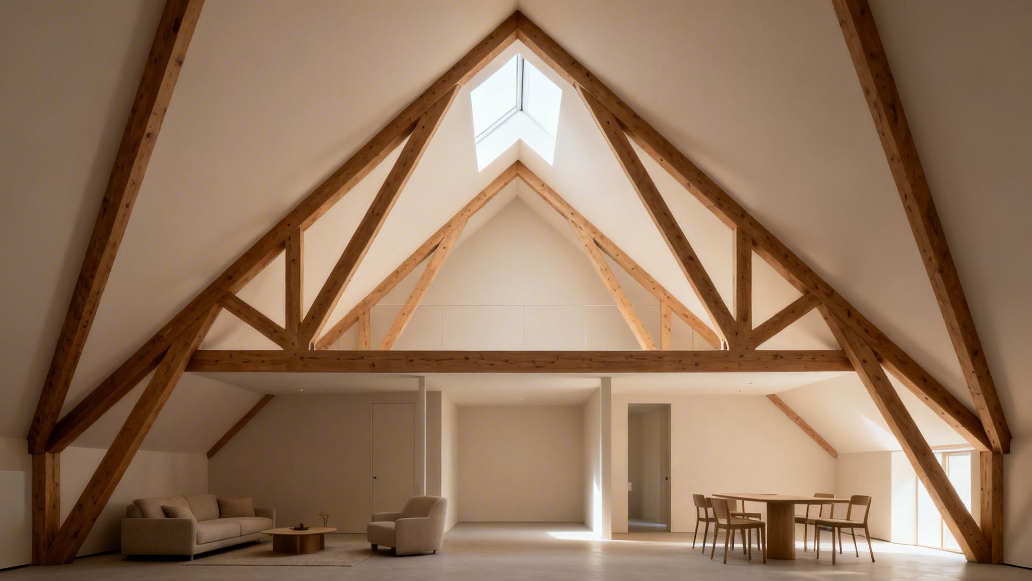 Et moderne, lyst loftsrum med synlige træbjælker, et ovenlysvindue og minimalistiske møbler.