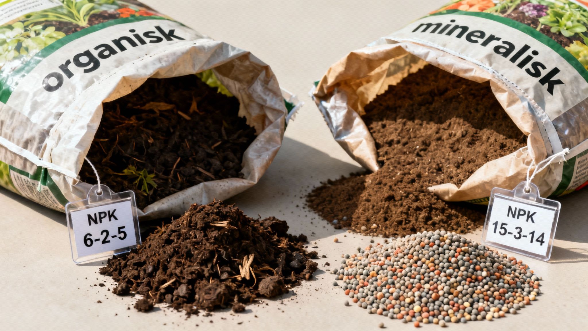 To poser med organisk gødning og mineralsk gødning viser NPK-forhold 6-2-5 og 15-3-14 med priller