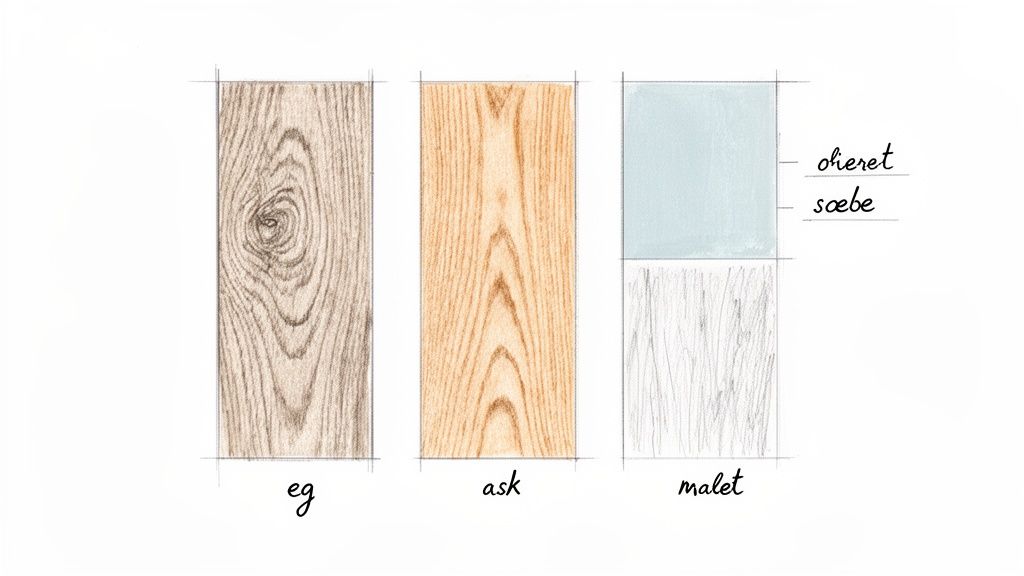 Illustration af forskellige træprøver: eg, ask og en malet overflade, med noter om olieret og sæbebehandlet finish.