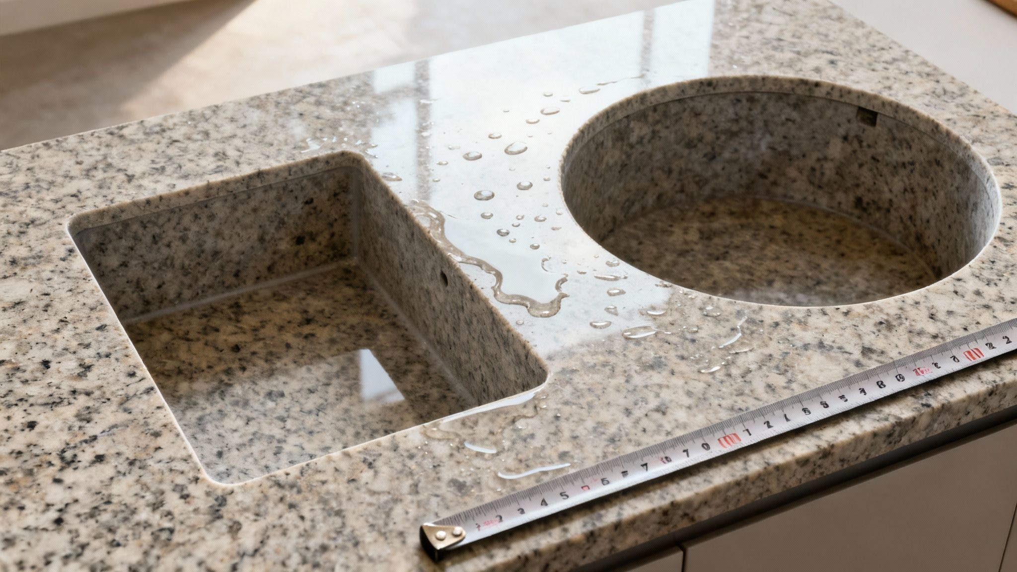 Granitbordplade med to vaske, vanddråber og et målebånd på overfladen.